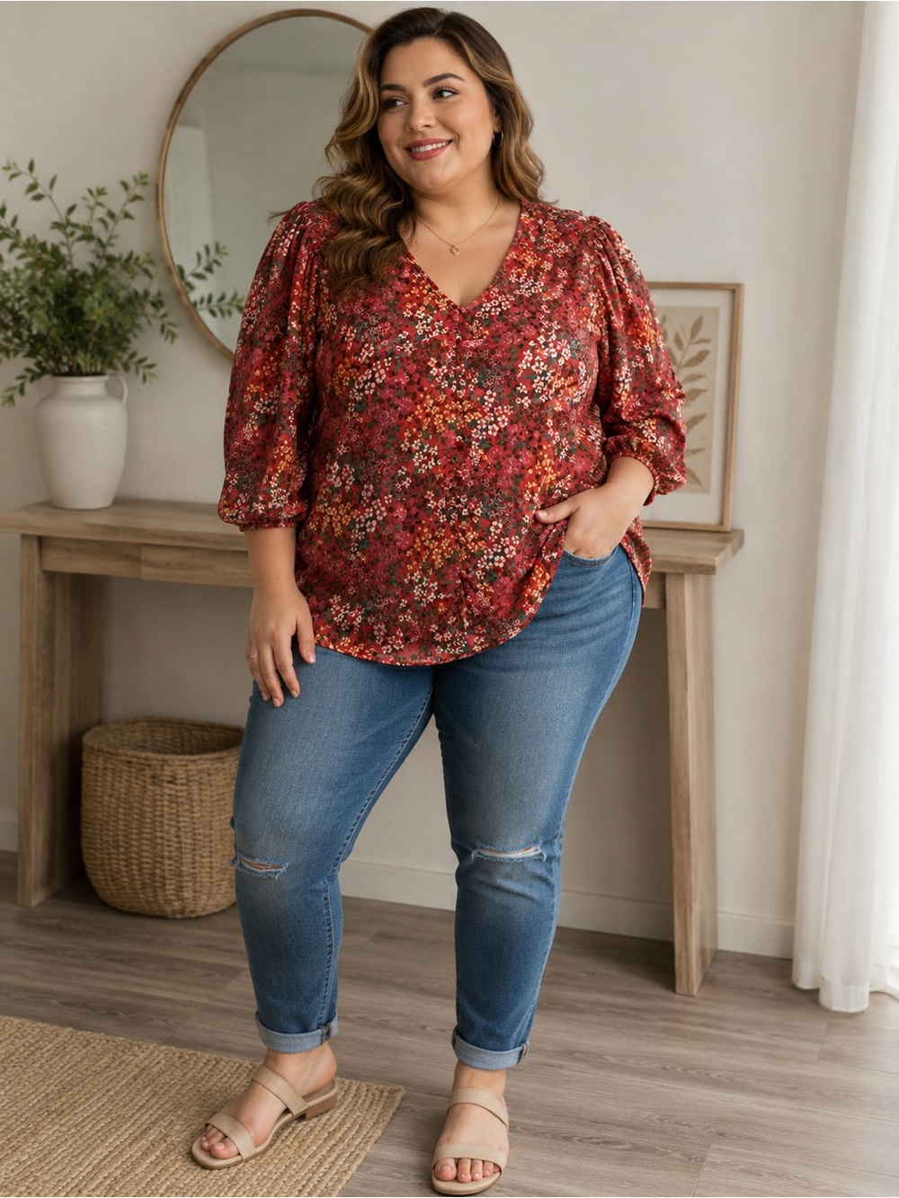 Torrid Plus Size Floral V-Neck Blouse in Rust Red